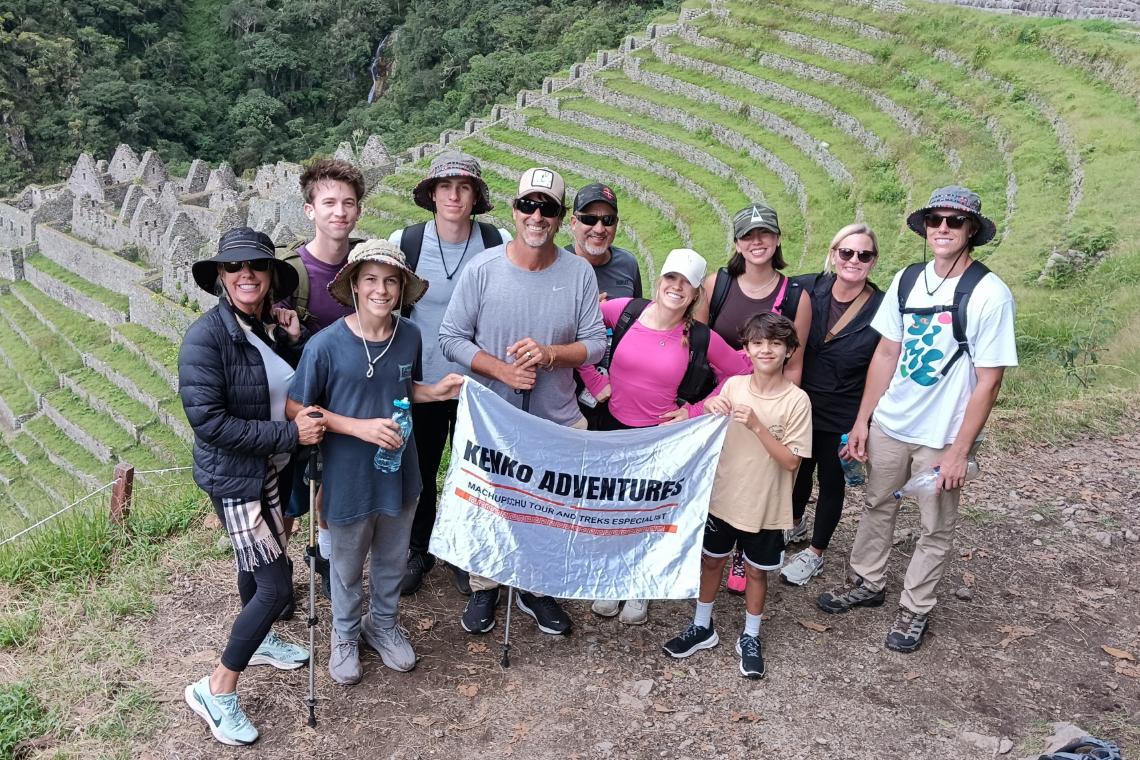A group of tourist by wiñayhuayna inca site on the inca trail  A group of tourist by wiñayhuayna inca site on the inca trail
